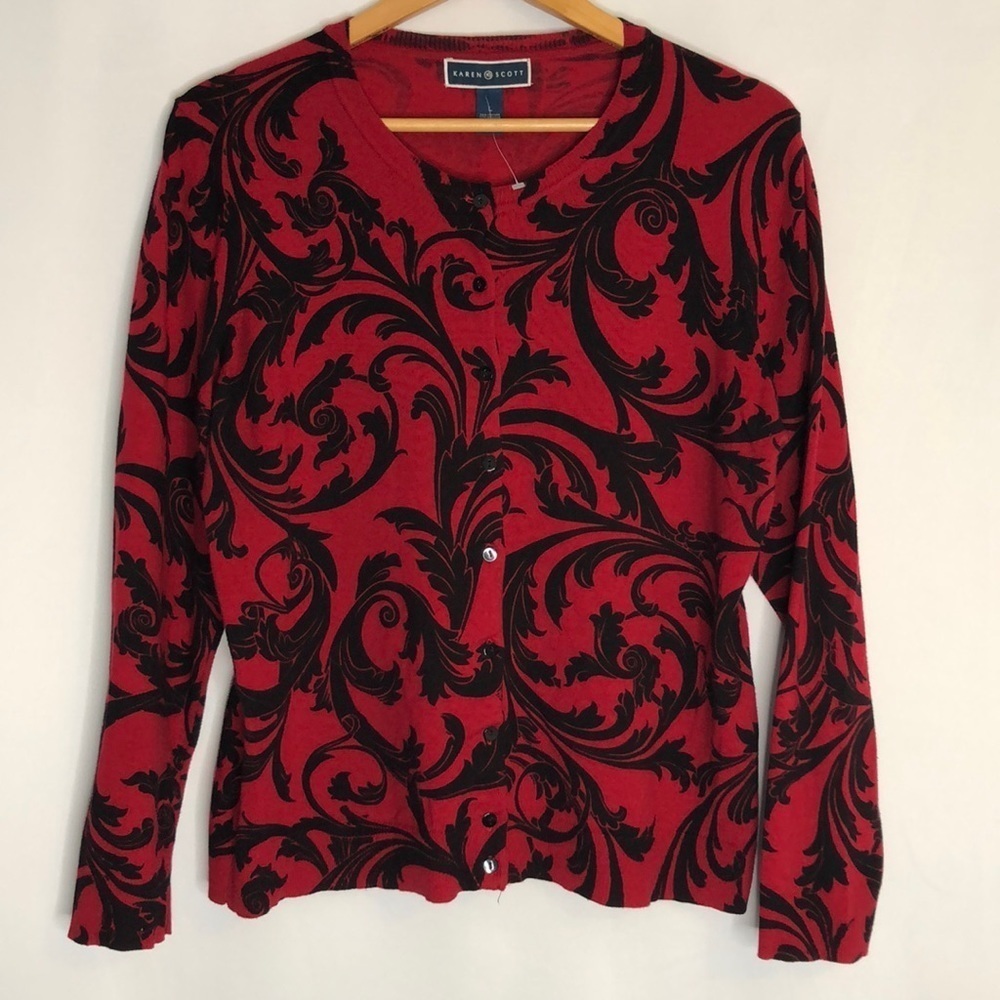 KAREN SCOTT RED BLACK PAISLEY LONG SLEEVE LIGHTWEIGHT SWEATER SIZE L